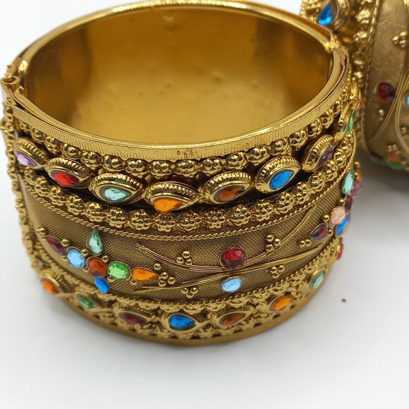 Vintage Mesh Hinged Wide, Gold Tone, Rhinestone Bangle Bracelet Pair - Picture 7 of 9